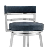 Benzara 30 Inch Leatherette Counter Height Barstool, Silver and Blue BM236764 Silver and Blue Metal and Leatherette BM236764