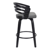 Benzara 26 Inch Wooden and Leatherette Swivel Barstool, Gray and Black BM236785 Black and Gray Solid Wood and Leatherette BM236785