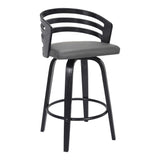 26 Inch Wooden and Leatherette Swivel Barstool, Gray and Black