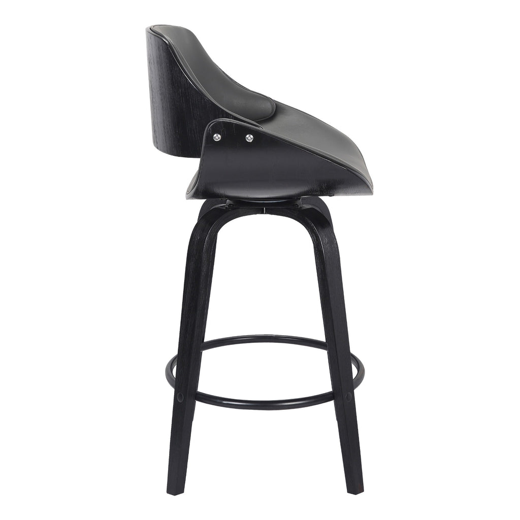 Benzara 26 Inch Leatherette and Wooden Swivel Barstool, Black and Gray BM236788 Black and Gray Solid Wood and Leatherette BM236788