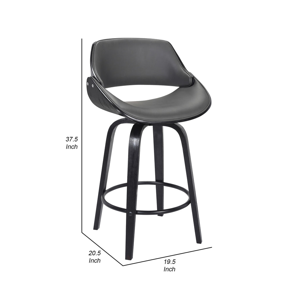 Benzara 26 Inch Leatherette and Wooden Swivel Barstool, Black and Gray BM236788 Black and Gray Solid Wood and Leatherette BM236788