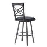 Benzara 26  Inches Metal Cross Back Counter Barstool with Leatherette Seat, Gray BM236799 Gray Metal, Leatherette BM236799