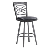 Benzara 26  Inches Metal Cross Back Counter Barstool with Leatherette Seat, Gray BM236799 Gray Metal, Leatherette BM236799