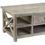 Benzara 1 Drawer Wooden Coffee Table with Cross Design Sides, Distressed Gray BM239663 Gray Solid Wood BM239663