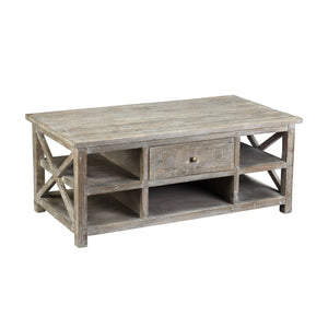 Benzara 1 Drawer Wooden Coffee Table with Cross Design Sides, Distressed Gray BM239663 Gray Solid Wood BM239663