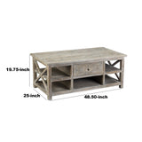 Benzara 1 Drawer Wooden Coffee Table with Cross Design Sides, Distressed Gray BM239663 Gray Solid Wood BM239663