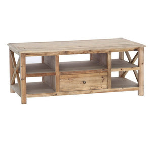Benzara 1 Drawer Wooden Coffee Table with Cross Design Sides, Natural Brown BM239664 Brown Solid Wood BM239664