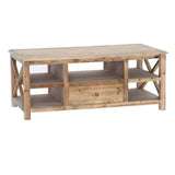 Benzara 1 Drawer Wooden Coffee Table with Cross Design Sides, Natural Brown BM239664 Brown Solid Wood BM239664