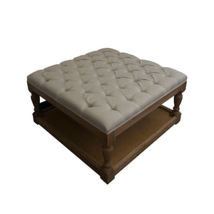 Benzara Tufted Fabric Ottoman Table with Open Shelf and Turned Legs, Brown BM239670 Brown Solid Wood and fabric BM239670