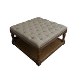 Tufted Fabric Ottoman Table with Open Shelf and Turned Legs, Brown