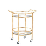 Benzara 2 Tier Metal Round Serving Cart with Caster Wheels, Gold BM239673 Gold Metal and Mirror BM239673