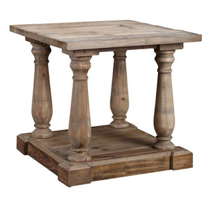 Benzara Farmhouse Wooden Side Table with Open Shelf and Turned Legs, Natural Brown BM239680 Brown Solid Wood BM239680