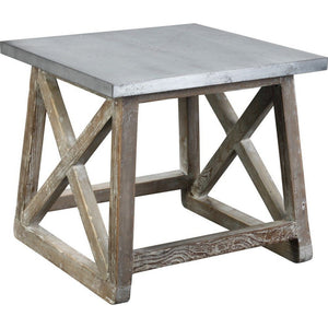 Benzara Metal Top Side Table with Cross Design Side Frame, Gray and Brown BM239686 Brown and Gray Solid Wood and Metal BM239686