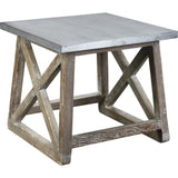 Metal Top Side Table with Cross Design Side Frame, Gray and Brown