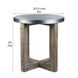 Benzara Round Metal Top Side Table with X Shaped Base, White and Brown BM239688 Brown, White Reclaimed wood, Metal BM239688