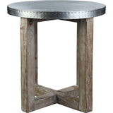 Benzara Round Metal Top Side Table with X Shaped Base, White and Brown BM239688 Brown, White Reclaimed wood, Metal BM239688