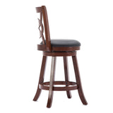 Benzara 24 Inches Swivel Wooden Counter Stool with Geometric Back, Brown BM239710 Brown Solid Wood and Faux Leather BM239710