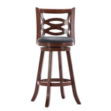 Benzara 29 Inches Swivel Wooden Counter Stool with Geometric Back, Brown BM239711 Brown Solid Wood and Faux Leather BM239711