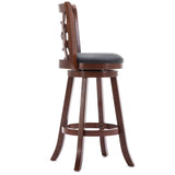 Benzara 29 Inches Swivel Wooden Counter Stool with Geometric Back, Brown BM239711 Brown Solid Wood and Faux Leather BM239711