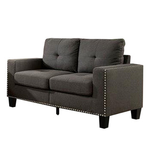 Benzara Fabric Upholstered Loveseat with Track Arms and Nailhead Trim, Dark Gray BM239783 Gray Solid Wood and Fabric BM239783