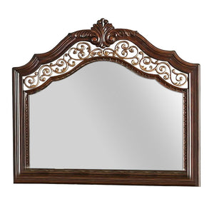 Benzara Molded Wooden Frame Mirror with Ornate Detailing, Brown By Casagear Home BM239800 Brown Solid Wood, Veneer and Mirror BM239800