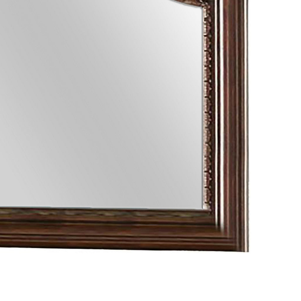 Benzara Molded Wooden Frame Mirror with Ornate Detailing, Brown By Casagear Home BM239800 Brown Solid Wood, Veneer and Mirror BM239800