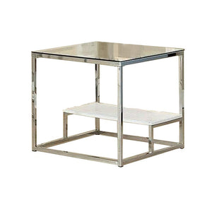 Benzara 22 Inches End Table with Glass Top and Groove Display Shelf, Chrome BM239832 Chrome Metal, Glass and Wood BM239832