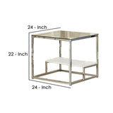 Benzara 22 Inches End Table with Glass Top and Groove Display Shelf, Chrome BM239832 Chrome Metal, Glass and Wood BM239832