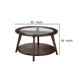 Benzara 32 Inches Coffee Table with Round Glass Top and Angled Legs, Brown BM239835 Brown Solid Wood, Tempered Glass and Veneer BM239835