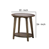 Benzara 24 Inches End Table with Round Glass Top and Angled Legs, Brown BM239836 Brown Solid Wood, Tempered Glass and Veneer BM239836