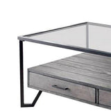 Benzara 48 Inch Metal Coffee Table with Glass Top and 2 Drawers, Gray BM239837 Gray Metal, Glass and Wood BM239837