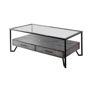 Benzara 48 Inch Metal Coffee Table with Glass Top and 2 Drawers, Gray BM239837 Gray Metal, Glass and Wood BM239837