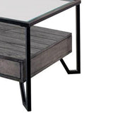 Benzara 48 Inch Metal Coffee Table with Glass Top and 2 Drawers, Gray BM239837 Gray Metal, Glass and Wood BM239837