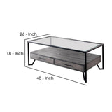 Benzara 48 Inch Metal Coffee Table with Glass Top and 2 Drawers, Gray BM239837 Gray Metal, Glass and Wood BM239837