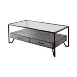 48 Inch Metal Coffee Table with Glass Top and 2 Drawers, Gray