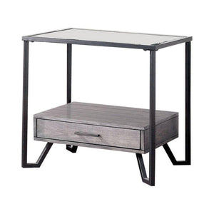 Benzara 24 Inch Metal End Table with Glass Top and 1 Drawer, Gray BM239838 Gray Metal, Glass and Wood BM239838