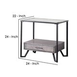 Benzara 24 Inch Metal End Table with Glass Top and 1 Drawer, Gray BM239838 Gray Metal, Glass and Wood BM239838