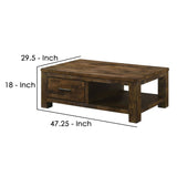 Benzara 47 Inches Coffee Table with 1 Drawer and Open Shelf, Rustic Brown BM239840 Brown Solid Wood BM239840