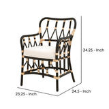 Benzara Lattice Design Wooden Arm Chair with Rattan Binding, Black BM239931 Black MDF, Rattan, Fabric BM239931