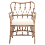 Benzara Lattice Design Wooden Arm Chair with Rattan Binding, Brown BM239932 Brown MDF, Rattan, Fabric BM239932
