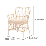 Benzara Lattice Design Wooden Arm Chair with Rattan Binding, White BM239933 White MDF, Rattan, Fabric BM239933
