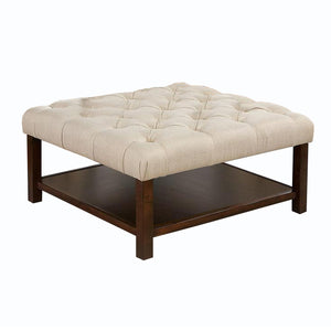 Benzara Tufted Fabric Ottoman with Bottom Shelf, Brown and Beige BM240032 Brown, Beige Solid Wood, Fabric BM240032