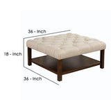 Benzara Tufted Fabric Ottoman with Bottom Shelf, Brown and Beige BM240032 Brown, Beige Solid Wood, Fabric BM240032