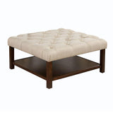 Tufted Fabric Ottoman with Bottom Shelf, Brown and Beige