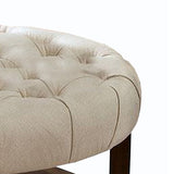 Benzara Tufted Round Ottoman with Bottom Shelf, Brown and Beige BM240033 Brown, Beige Solid Wood, Fabric BM240033