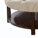 Benzara Tufted Round Ottoman with Bottom Shelf, Brown and Beige BM240033 Brown, Beige Solid Wood, Fabric BM240033