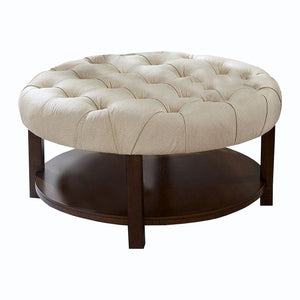 Benzara Tufted Round Ottoman with Bottom Shelf, Brown and Beige BM240033 Brown, Beige Solid Wood, Fabric BM240033