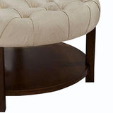 Benzara Tufted Round Ottoman with Bottom Shelf, Brown and Beige BM240033 Brown, Beige Solid Wood, Fabric BM240033