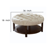 Benzara Tufted Round Ottoman with Bottom Shelf, Brown and Beige BM240033 Brown, Beige Solid Wood, Fabric BM240033