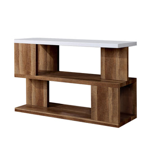 Benzara Two Tone Modern Sofa Table with Bottom Shelf, White and Brown BM240041 White, Brown Solid Wood BM240041